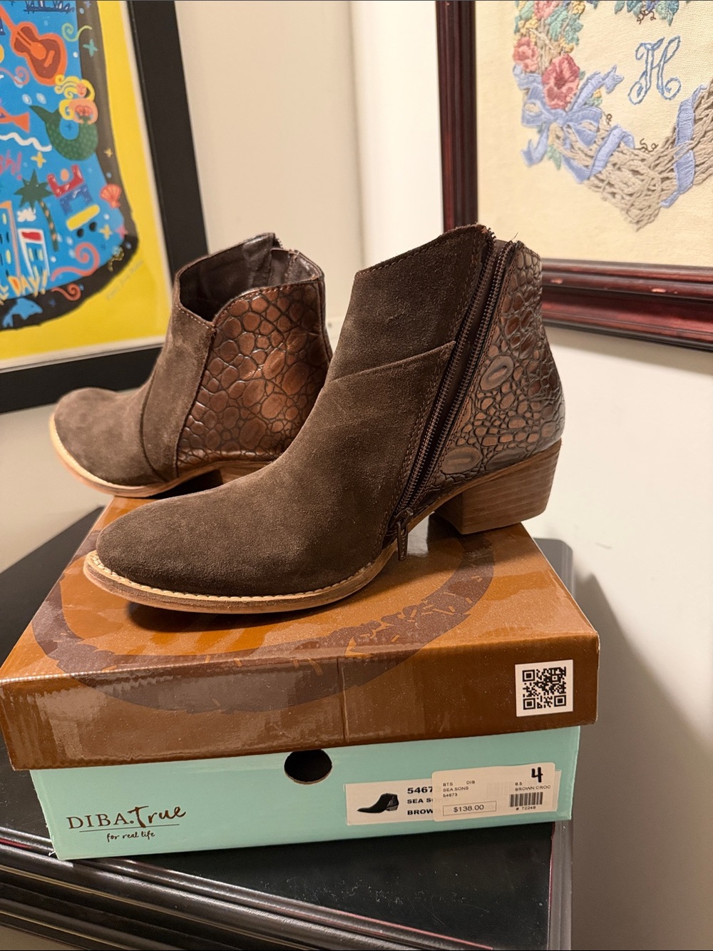 Diba True Brown Suede Ankle Booties with Textured Heel